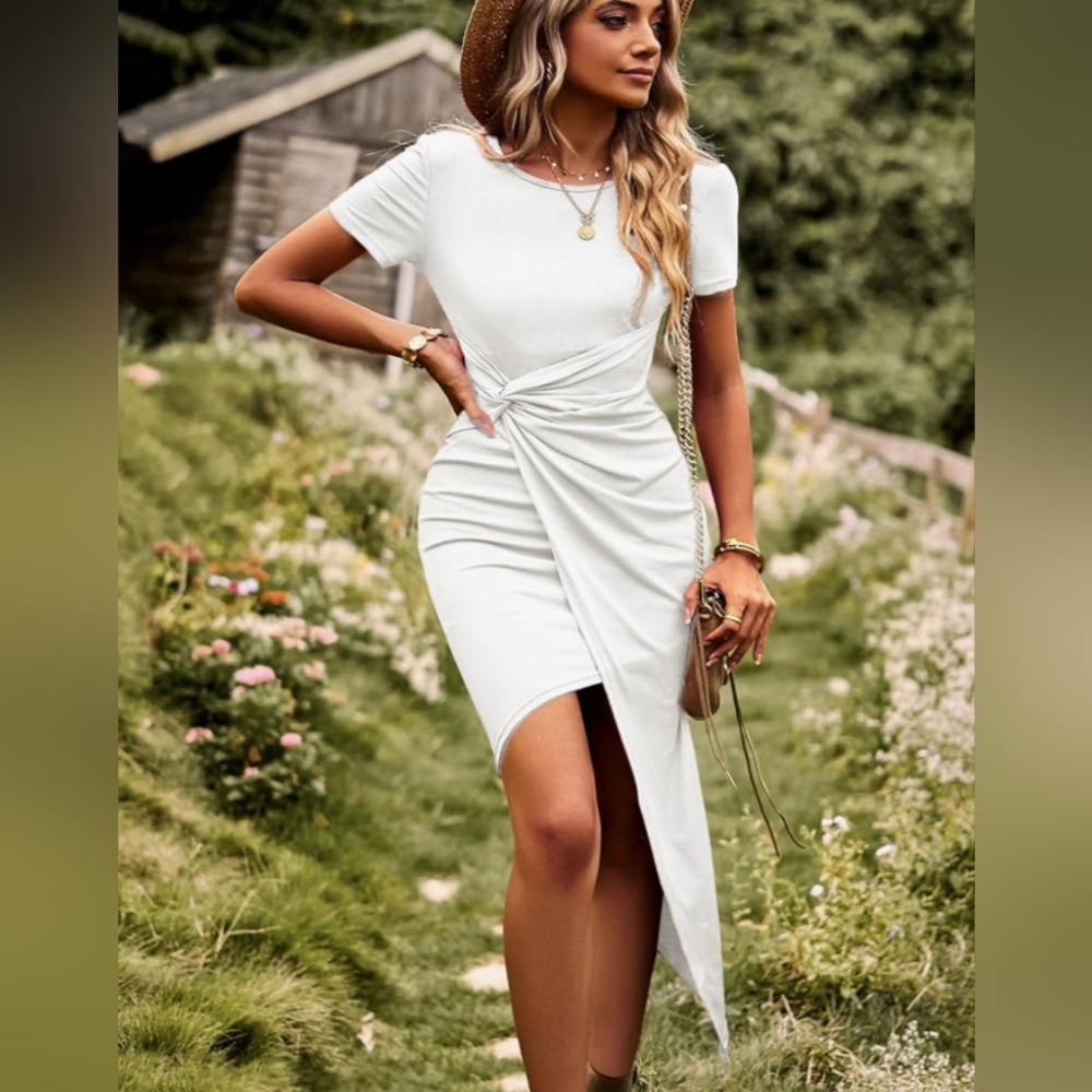 Women's Tie Waist Ribbed Midi Dress Short Sleeve Irregular Hem Bodycon Dress